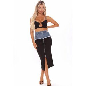 Have It Both Ways Black & Denim Contrast High‑Waist Zipper Midi Skirt Sz S
